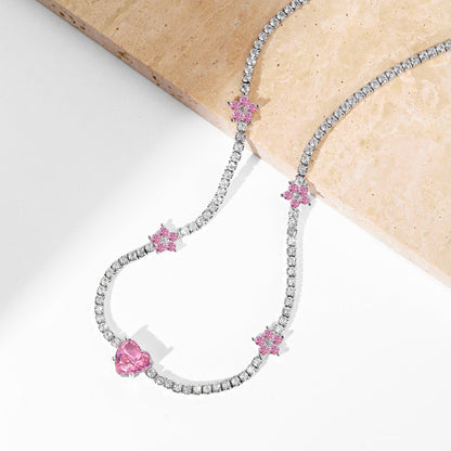 [Amore Jewelry]Dazzling Pink Heart Flower Necklace