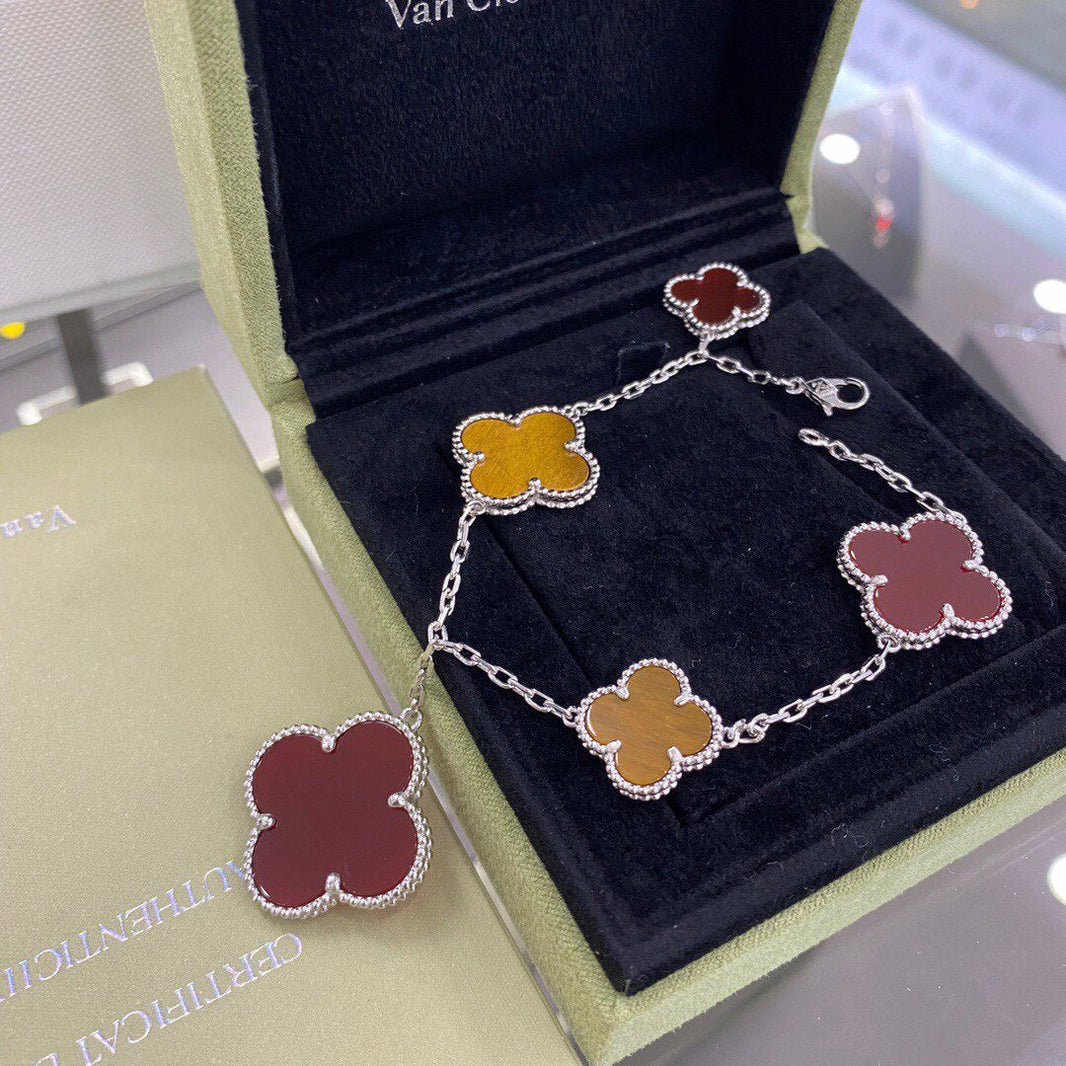 [Amore Jewelry]CLOVER 5 MOTIFS SIVLER CARNELIAN TIGER EYE BRACELET
