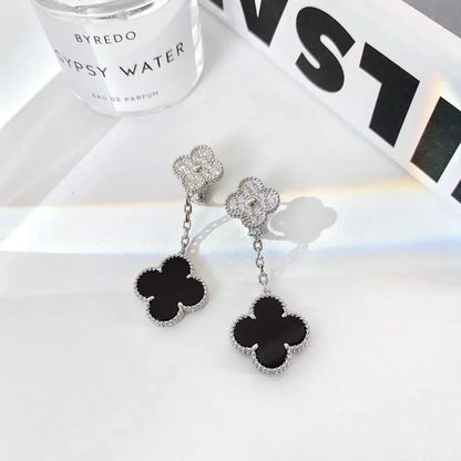 [Amore Jewelry]CLOVER 2 MOTIFS  DIAMOND ONYX EARRINGS SILVER