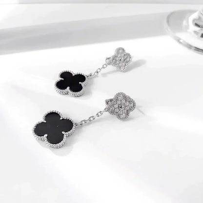 [Amore Jewelry]CLOVER 2 MOTIFS  DIAMOND ONYX EARRINGS SILVER