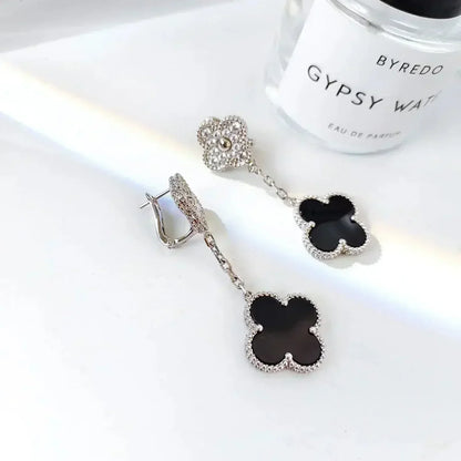 [Amore Jewelry]CLOVER 2 MOTIFS  DIAMOND ONYX EARRINGS SILVER