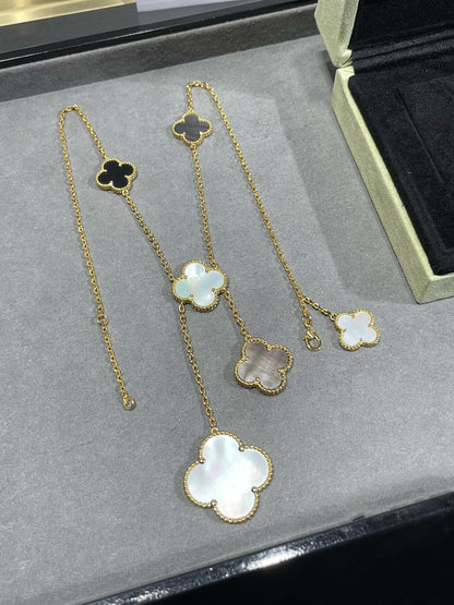 [Amore Jewelry]CLOVER 6 MOTIF MOP ONYX GOLD NECKLACE