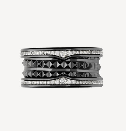 [Amore Jewelry]ZERO 1 ROCK FOUR-BAND BLACK CERAMIC WITH STUDDED SPIRAL AND PAVED DIAMONDS RING