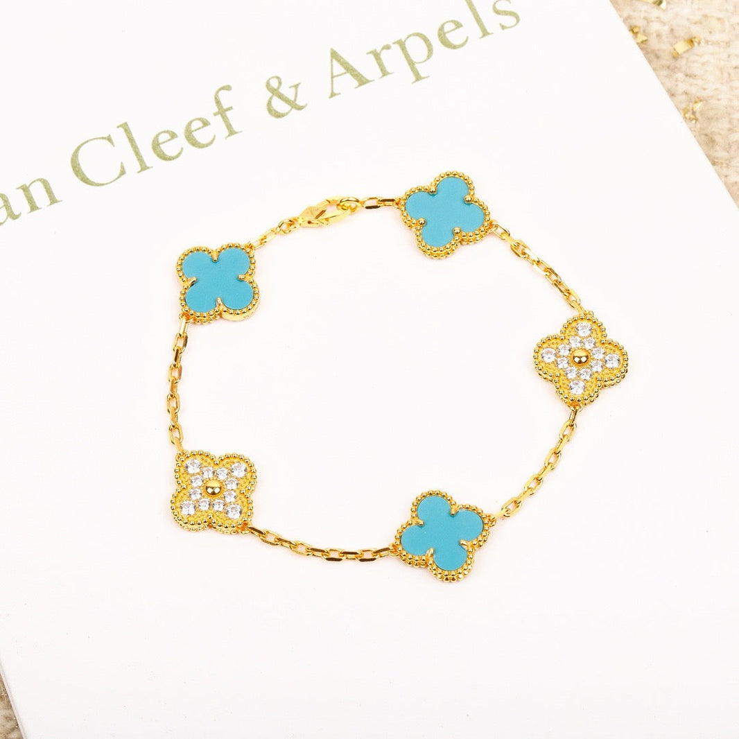[Amore Jewelry]CLOVER 5 MOTIF TURQUOISE DIAMOND GOLD BRACELET