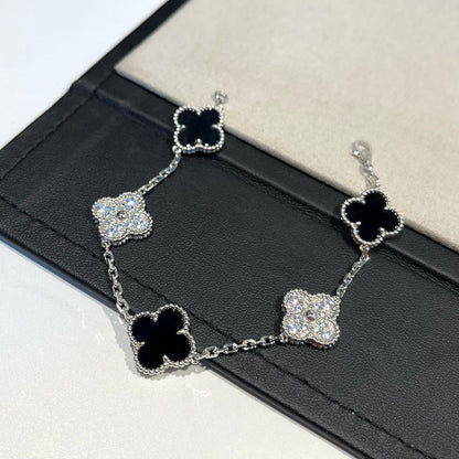 [Amore Jewelry]CLOVER 5 MOTIF ONYXS DIAMOND BRACELET SILVER