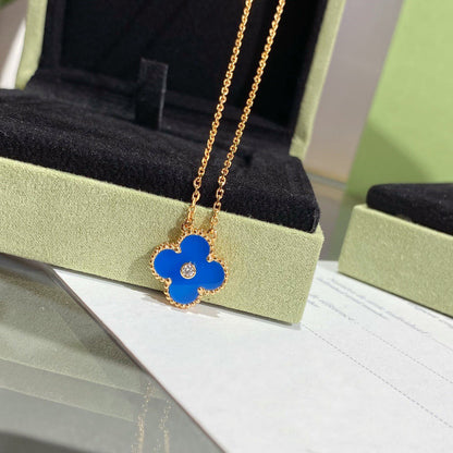 [Amore Jewelry]CLOVER 15MM DIAMOND AND BLUE AGATE NECKLACE