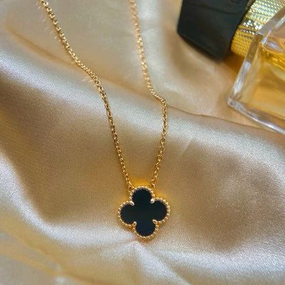 [Amore Jewelry]CLOVER 15MM BLACK ONYX SINGLE FLOWER NECKLACE