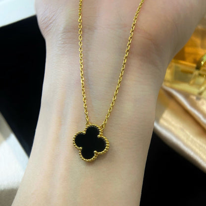 [Amore Jewelry]CLOVER 15MM BLACK ONYX SINGLE FLOWER NECKLACE