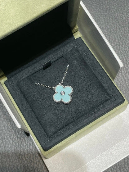 [Amore Jewelry]CLOVER 1 DIAMOND LIGHT BLUE SILVER NECKLACE