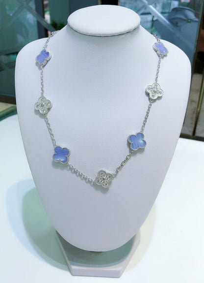[Amore Jewelry]CLOVER 10 MOTIFS CHALCEDONY DIAMONDS SILVER NECKLACE